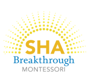 Bue, yellow and gray text appears under a yellow sunburst that read "SHA Breakthrough Montessori"